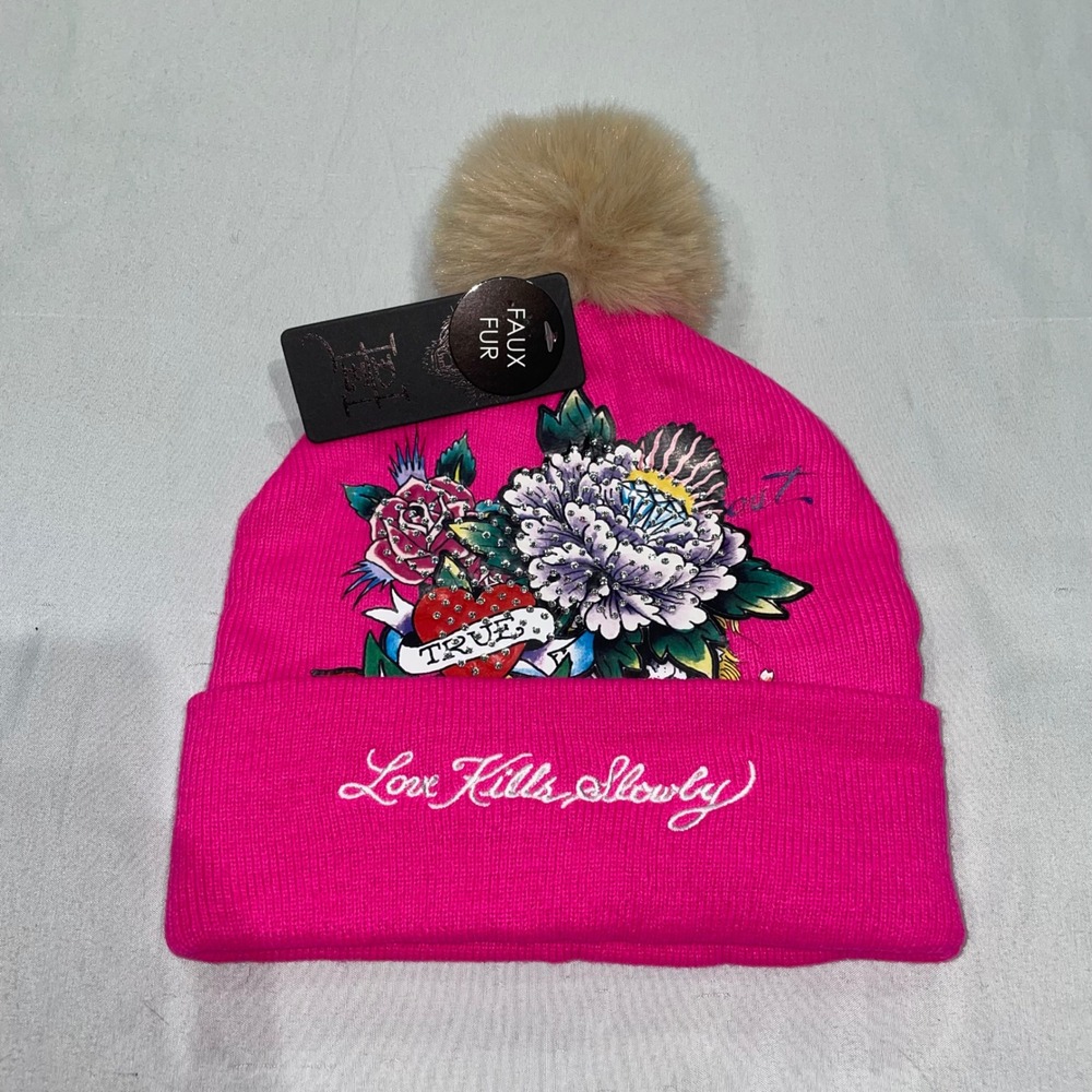 Ed Hardy Pink Love Kills Slowly Rhinestone Tattoo Graphic Pom Pom Beanie Hat NWT